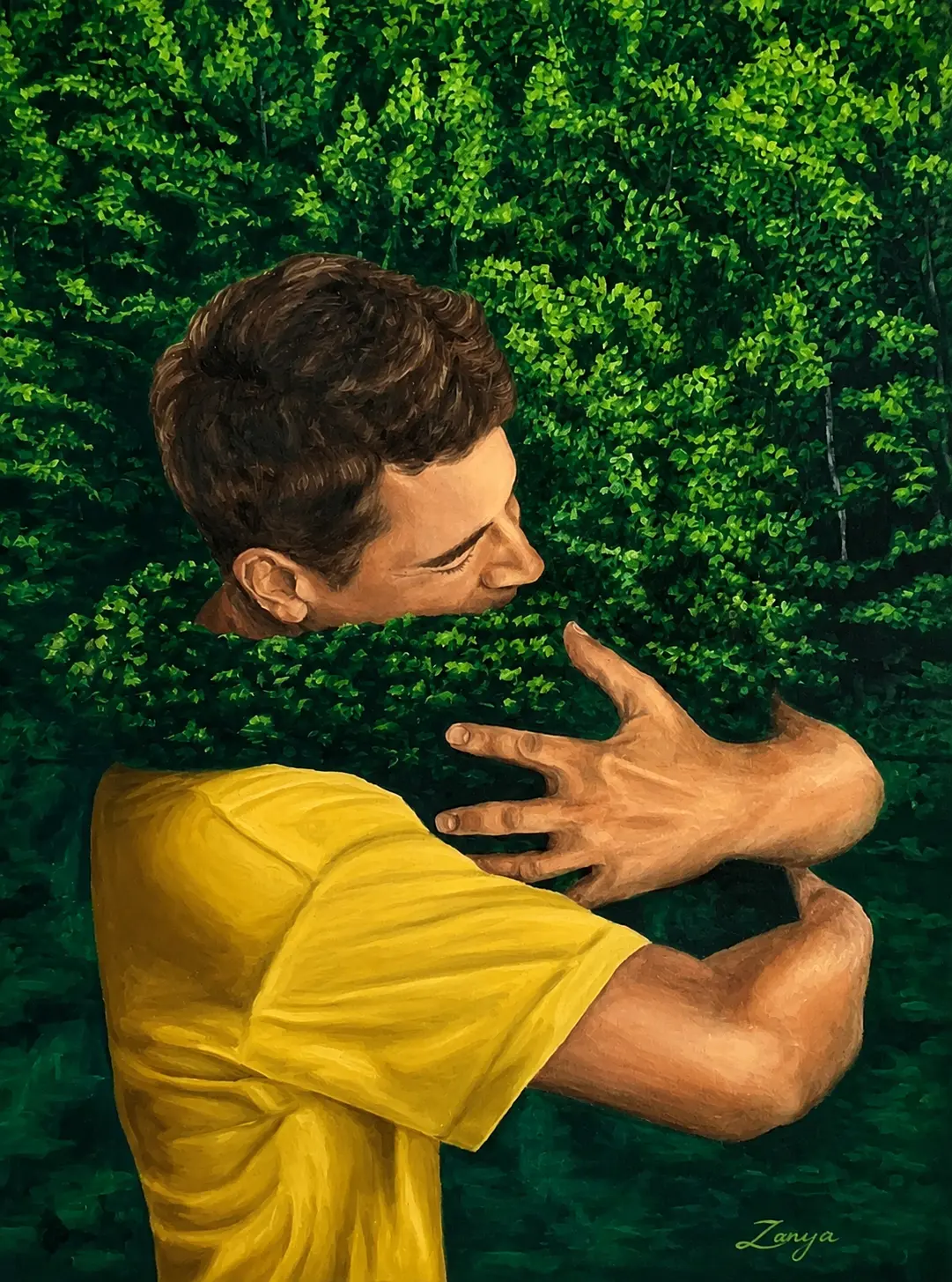 Young man embracing a lush green forest to symbolize love for nature